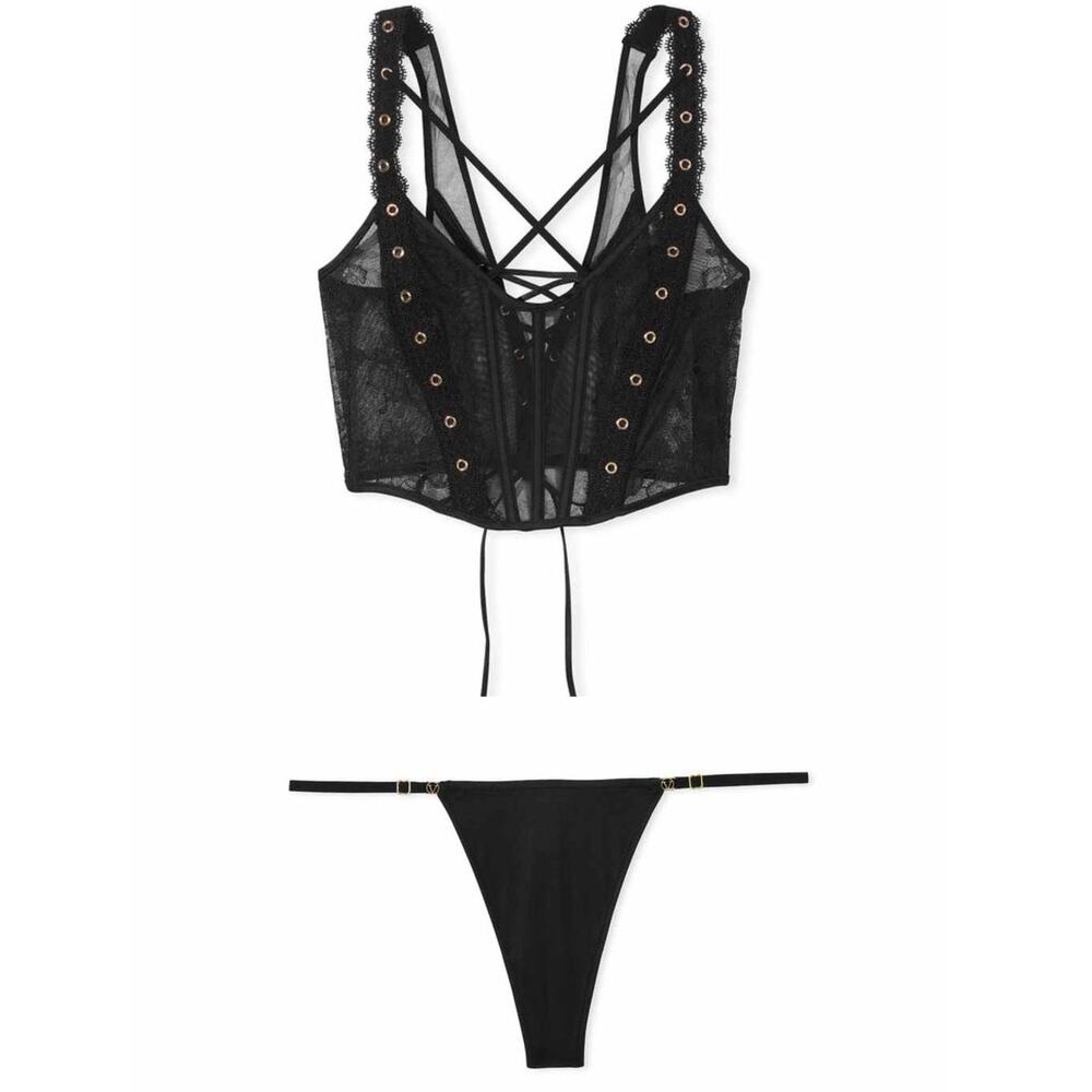 VS Very Sexy Rose Lace Grommet Strappy Corset N Smooth Adjustable Thong Panty M